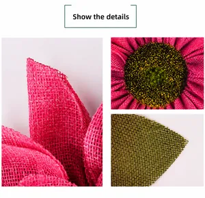 Detail of pink burlap sunflower petals with woven texture and green mesh leaves
