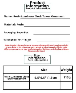 Detailed size chart for LED resin clock tower ornament with dimensions and weight