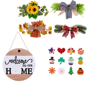 Round magnetic wooden welcome door sign set with 12 interchangeable seasonal holiday icons