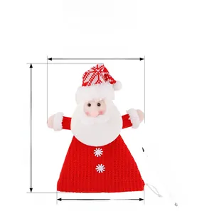 Detail view of Santa Claus knitted drawstring gift bag with measurements in cm and inches