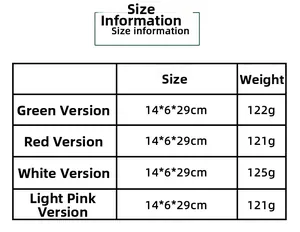 Detailed size specifications table for plush Christmas tree dolls in various colors
