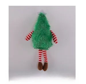 Detailed back view of a plush Christmas tree doll with striped legs and a silver star