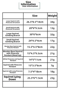 Detailed size chart for foam squirrel ornaments showing dimensions and weights in cm and g