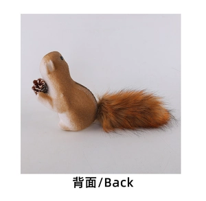 Detailed back view of a fuzzy artificial squirrel ornament with a plush tail