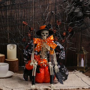 Halloween Skeleton Pumpkin Ornament Gothic Horror Skull Statue Sitting On Pumpkin With Hat Bow Tie For Home Party Decor