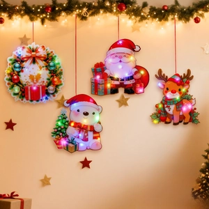 Festive Christmas LED Glowing Hanging Decoration Santa Claus Elk Bear Wreath Pattern Window Door Ornament Home Decor