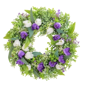 Corona de tulipanes artificiales morados y blancos con hojas verdes para decoración