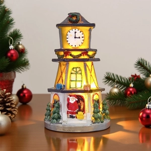 Christmas Luminous Clock Tower Ornament Resin LED Glowing Village House Miniature Santa Claus Xmas Desktop Decoration
