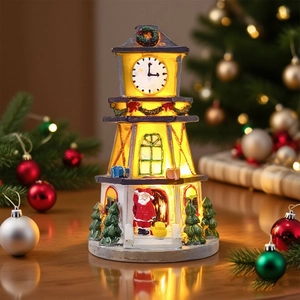 LED lighted resin Christmas clock tower figurine with Santa Claus and gift bag decor