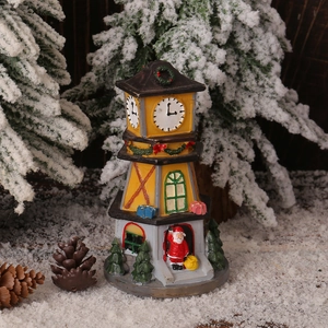 LED Christmas resin clock tower ornament with Santa Claus and festive winter scenery