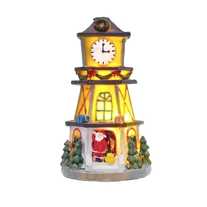 LED lighted Christmas resin clock tower with Santa Claus and festive wreath decoration