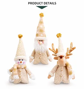 Detail view of Santa Claus, snowman, and reindeer wine bottle covers in white fleece