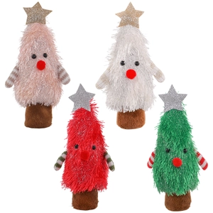 Lot de quatre figurines sapins de Noël en peluche avec étoiles pour décoration de fête
