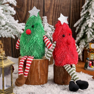 Cute plush Christmas tree dolls with long striped legs for holiday tabletop decoration