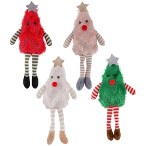 Set of four plush long-legged Christmas tree dolls with striped legs and shiny star tops