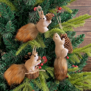 Three charming squirrel Christmas tree ornaments with pine cones and rustic twine loops