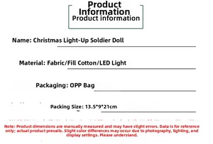 Detailed specifications of glowing Christmas soldier doll with LED fabric and dimensions