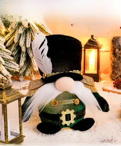 Close-up of a festive Christmas gnome soldier plush with a velvet uniform and warm LED lights