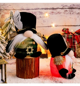 Detail of Christmas gnomes with nutcracker hats and white beards in a festive setting