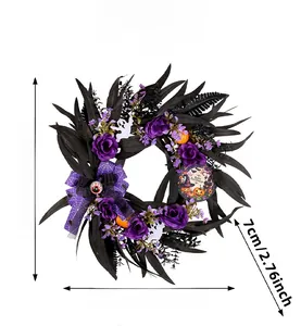 Detail of Halloween wreath with black leaves, purple roses and Happy Halloween pumpkin sign