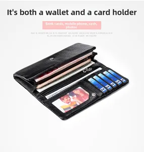 Vue détaillée d'un portefeuille noir en cuir grainé avec porte-cartes et fente pour mobile