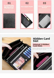 Détails du portefeuille en cuir de vachette grainé avec fentes pour cartes et poche zippée
