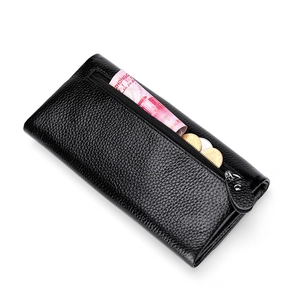 Portefeuille long noir en cuir de vachette grainé avec poche zippée pour femmes