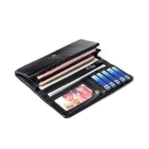 Portefeuille long en cuir de vachette grainé pour femme avec fentes pour cartes et zip