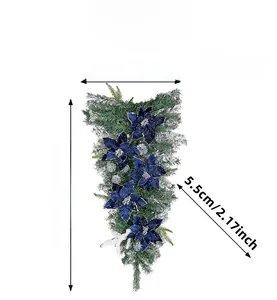 Detailed size specifications for a blue velvet Christmas swag with silver glitter flowers