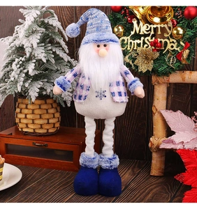 Close-up of blue Nordic Christmas gnome with knitted hat and long white beard detail