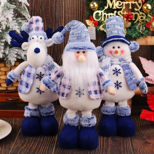 Blue White Plaid Christmas Plush Doll With Retractable Legs Santa Reindeer Snowman Figurine For Xmas Home Party Decor