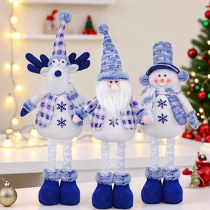 Blue Christmas plush dolls set including reindeer, gnome and snowman with long legs