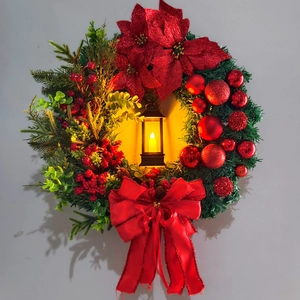Christmas Wreath With LED Lantern Artificial Pine Needles Poinsettia Bow Ornaments For Front Door Window Holiday Home Decoration