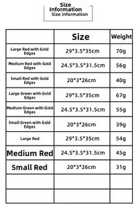 Size chart table for red and green velvet bows showing dimensions and weight details