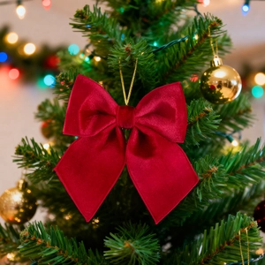 Red velvet Christmas bow ornament with gold string hanging on a decorated tree