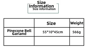 Detailed size and weight chart for the pine cone and bell heart Christmas wreath