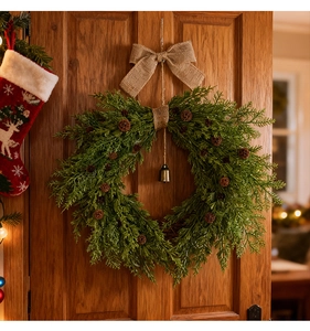 Detail of Christmas wreath with burlap bow, pine cones and bell on rustic wooden door