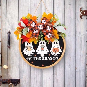 Couronne d'Halloween pour porte avec fantômes, feuilles d'érable et plaque Tis The Season