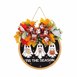 Couronne de porte Halloween avec fantômes en bois, feuilles d'érable et nœud Boo rouge