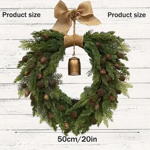 Christmas pine cone wreath with burlap bow and rustic bell, 20-inch winter door decoration