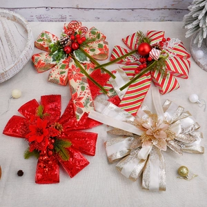 Grande Fiocco Natalizio per Puntale Albero Con Pigne Naturali Bacche Stella di Natale Paillettes Fiocco a Righe per Decorazione Festa