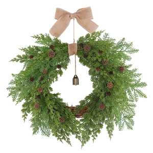 Christmas heart-shaped cedar wreath with pine cones, metal bell and burlap bow decoration
