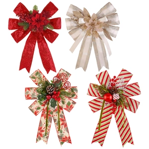 Set di fiocchi natalizi con paillettes rosse, pigne e nastri champagne per decorazione