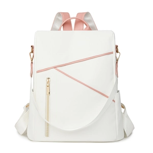 White minimalist waterproof backpack with pink geometric lines and golden zippers for travel