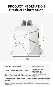 Detail view of the white PU leather backpack interior with compartments and dimensions