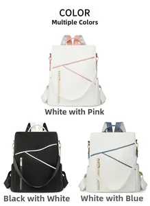 Three minimalist women's backpacks in white, pink, black, and blue color variants