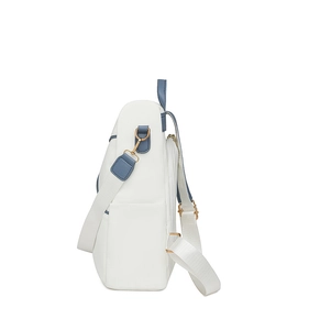 Close-up of white and blue laptop backpack with side pockets and gold metal buckles
