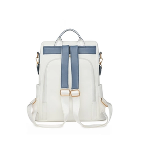 Rear view of women's backpack showing blue adjustable straps and gold metal hardware