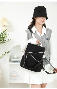 Detail of a versatile black nylon backpack with white piping and gold zipper pockets