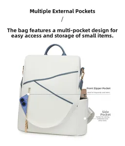 Detailed view of white leather backpack with zipper pocket and side umbrella pocket